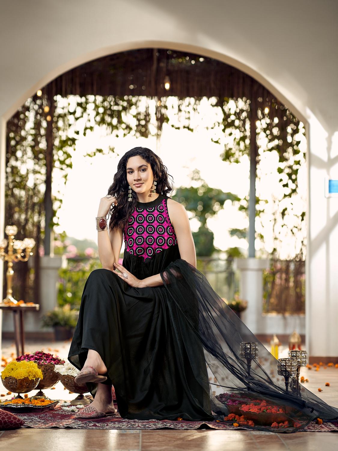Black Halter Neck Gathered Rayon Kurta Set With Yoke Embroidery